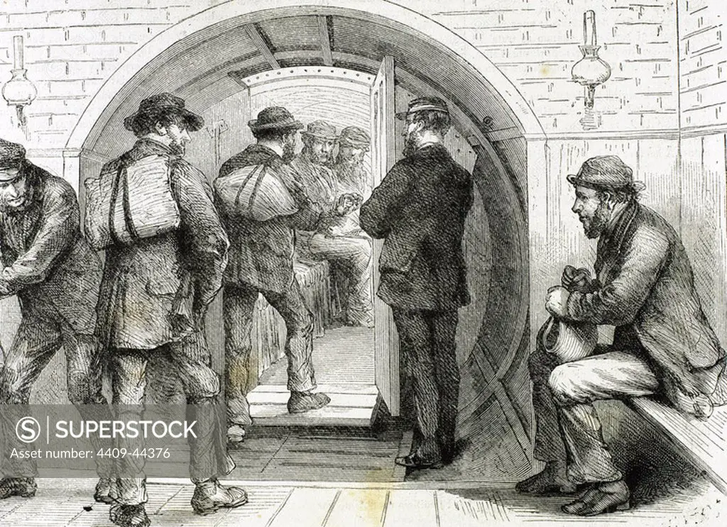 Tunnel in London. Workers going to their jobs. Engraving in "The Spanish and American Illustration", 1870.