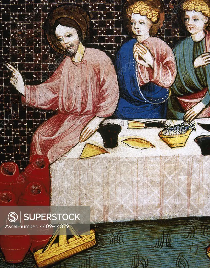 Marriage at Cana. First miracle of Jesus. Turning water into wine. Miniature. 15th century. Live of Jesus. Chateau of Chantilly. France.