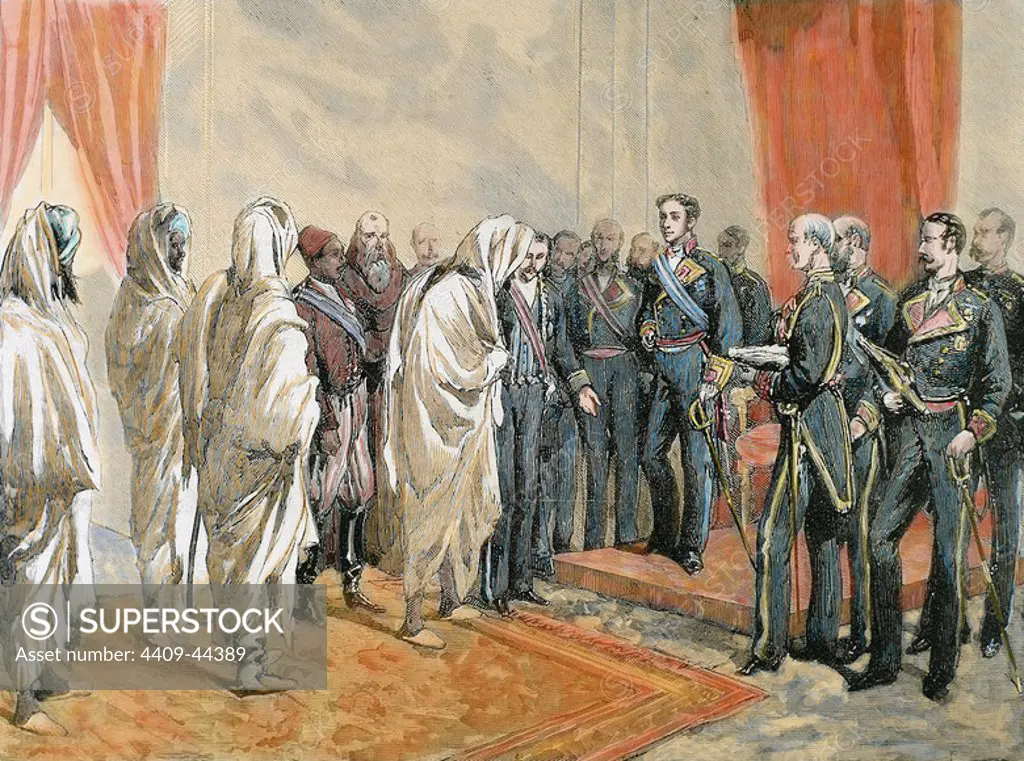 Amadeo I (1845-1890). Duke of Aosta and King of Spain (1871-1873). King Amadeo receiving the congratulations of the Moroccan embassy headed by Mohammed IV, on 20 March 1872. Recorded by A. Carter. Colored.