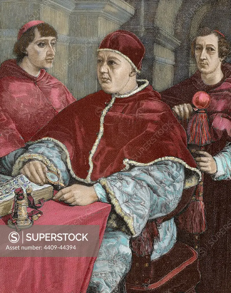 Leo X (1475-1521). Florentine Pope (1513-21), named Giovanni de 'Medici. Son of Lorenzo de 'Medici, the Magnificent. Pope Leo X, accompanied by his Cardinals Medici and Rossi. S. Jesi engraving.