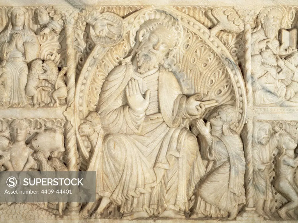 Romanesque altar frontal. 1220. White marble reliefs. Mandorla, depiction of Saint Paul blessing Saint Thecla, The Father and the Holy Spirit. Detail from the main altar. Cathedral of Tarragona, Catalonia, Spain.