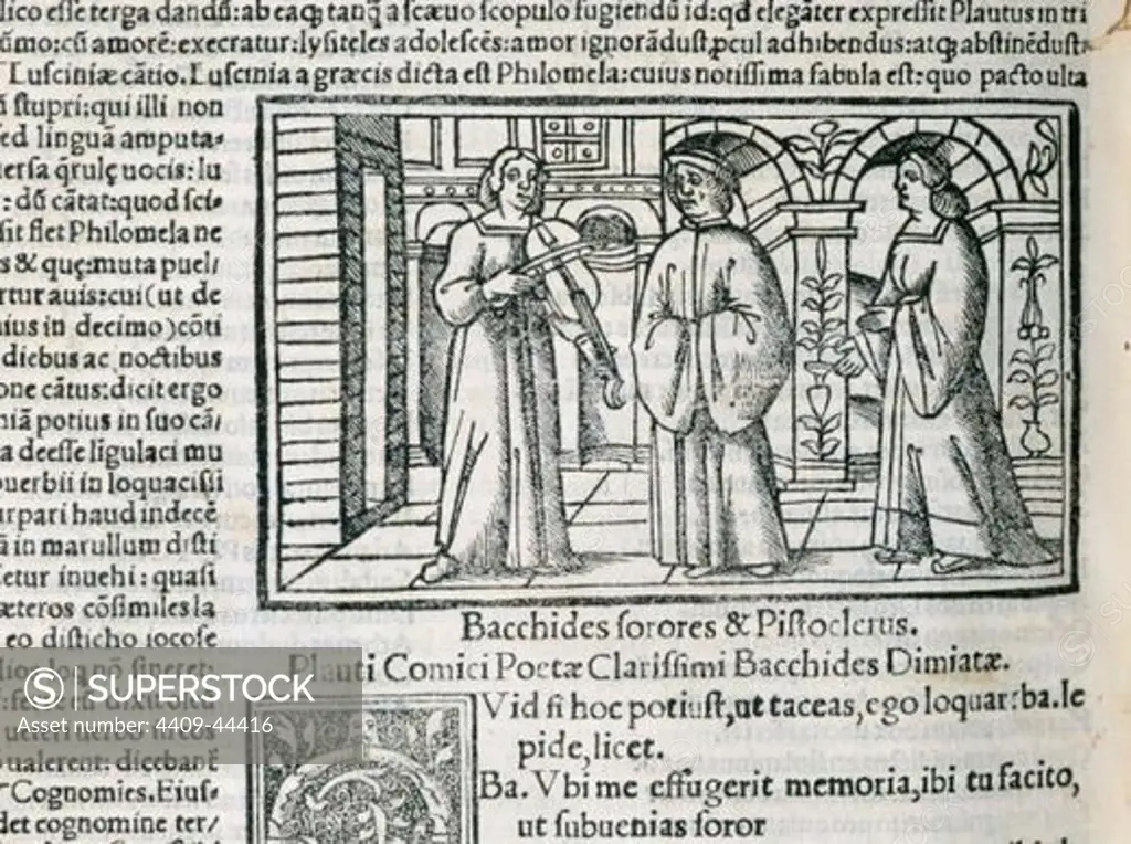 Titus Maccius Plautus (250-184). Latin playwright. Bacchides. Act I. Bacchides and Pistoclerus. Engraving. 1518.