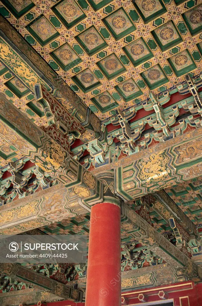 China. Beijing. Forbidden City. Coffered ceiling of a building in the interior.