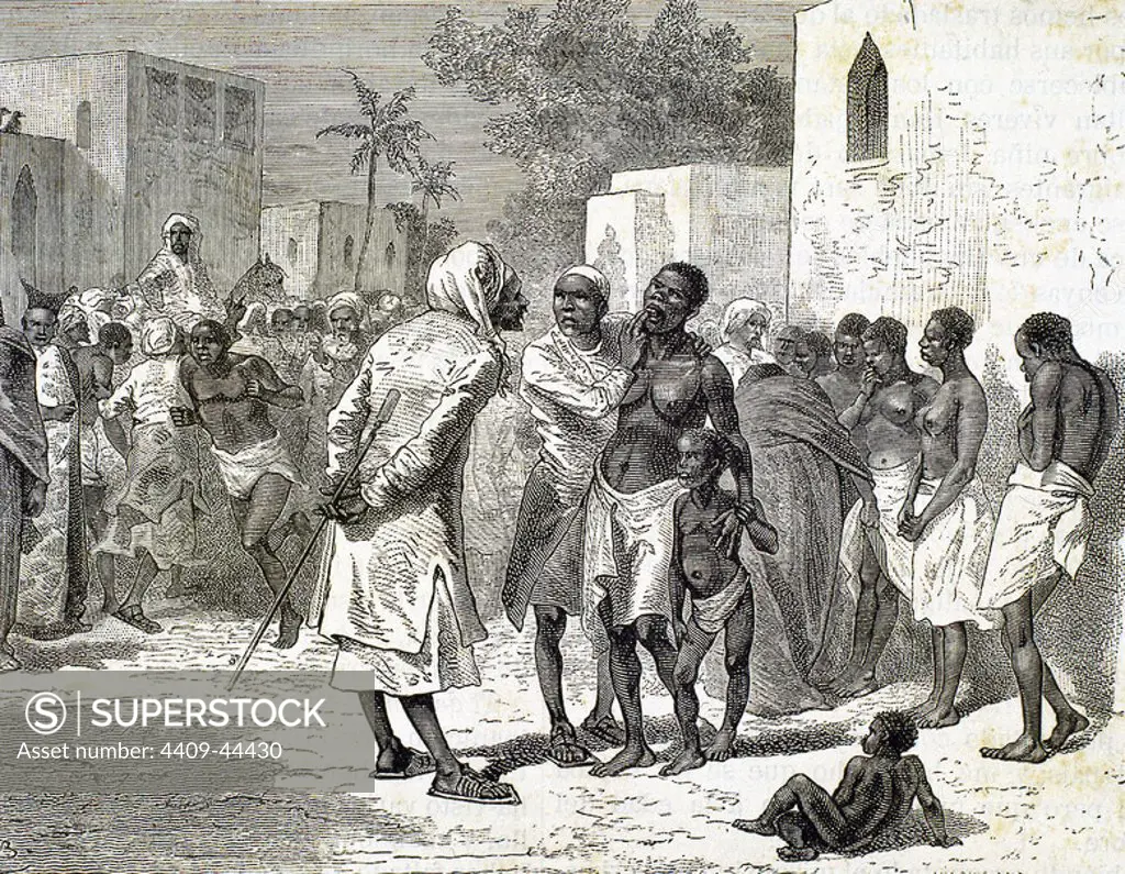 HISTORY OF AFRICA. Slave market in Zanzibar. Engraving by Hildibrand. 1882.