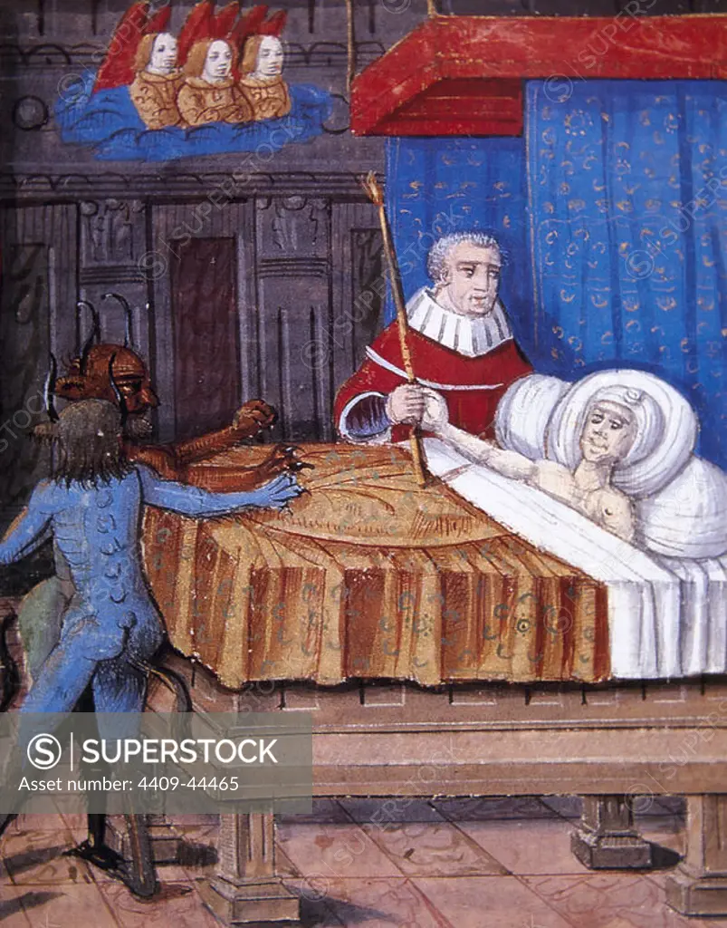 Death of a patient. Angels and demons waiting for your soul. "Le Tresor da Sapience". 15th century. Chateau of Chantilly. France.