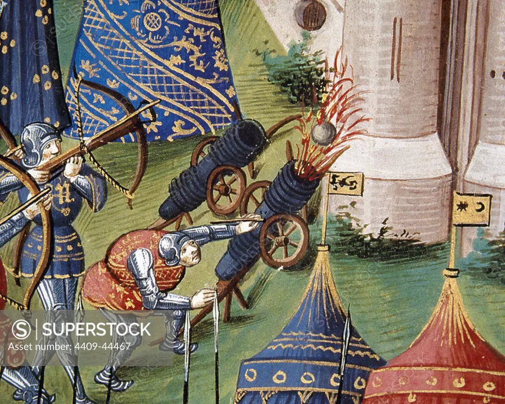 Medieval army. Artillery. Soldiers during a siege city. Guns and crossbows. Miniature. 15th century. Chateau of Chantilly. France.