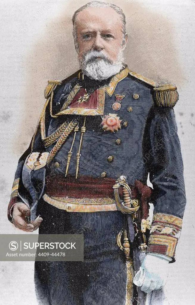 CERVERA, Pascual (1839- 1909). Spanish marine. Served as Admiral of the Spanish Caribbean Squadron during the Spanish-American War. Engraving. Coloured.
