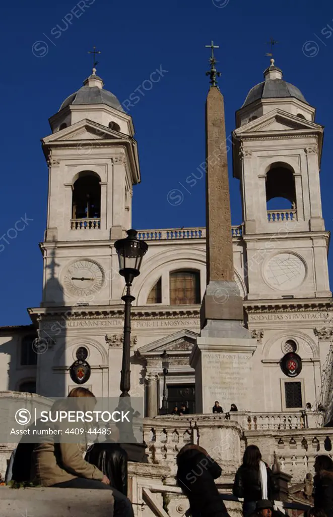 Italy. Rome. Obelisk in front of the Church of Santa Trinita dei Monti. Spanish steps.
