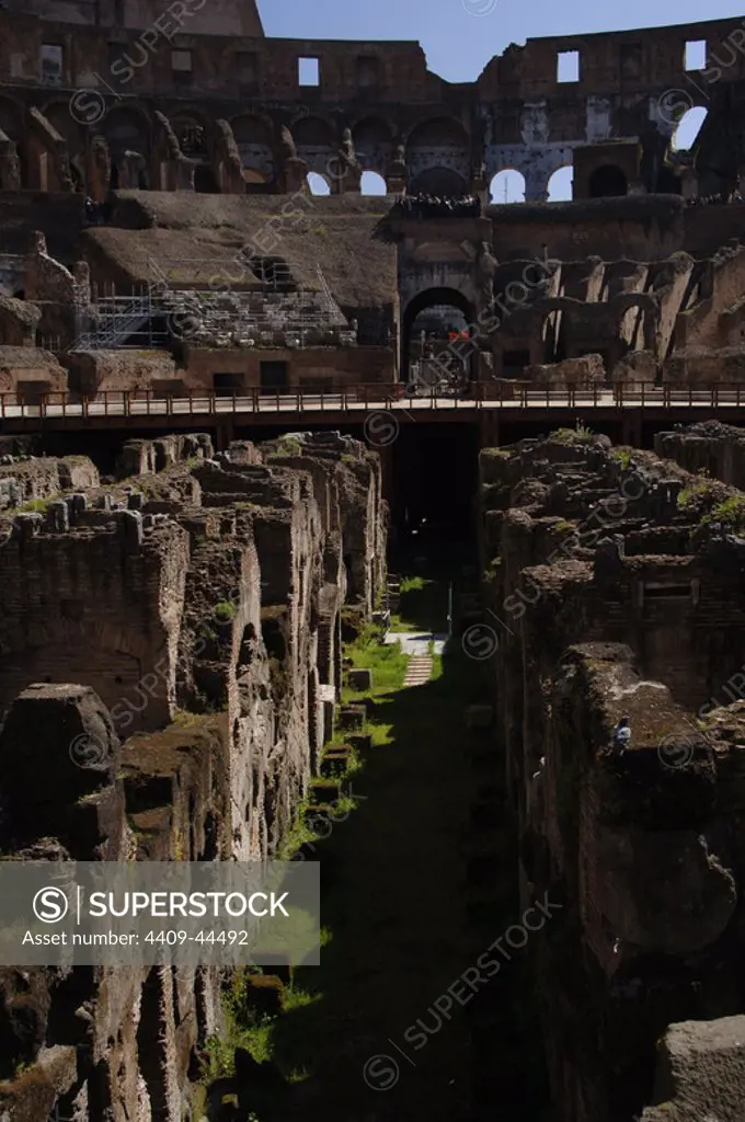 Flavian Amphitheatre or Coliseum. Roman period. Built in 70-80 CE. Flavian dynasty. Interior. The Arena. Rome. Italy.