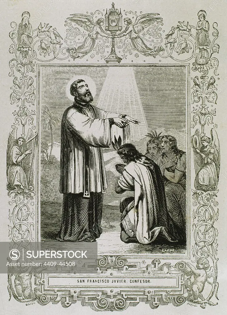 Saint Francis Xavier, born Francisco de Jasso y Azpilicueta (1506-1552 . Pioneering Roman Catholic missionary born in the Kingdom of Navarre (Spain) and co-founder of the Society of Jesus. Engraving by Capuz.