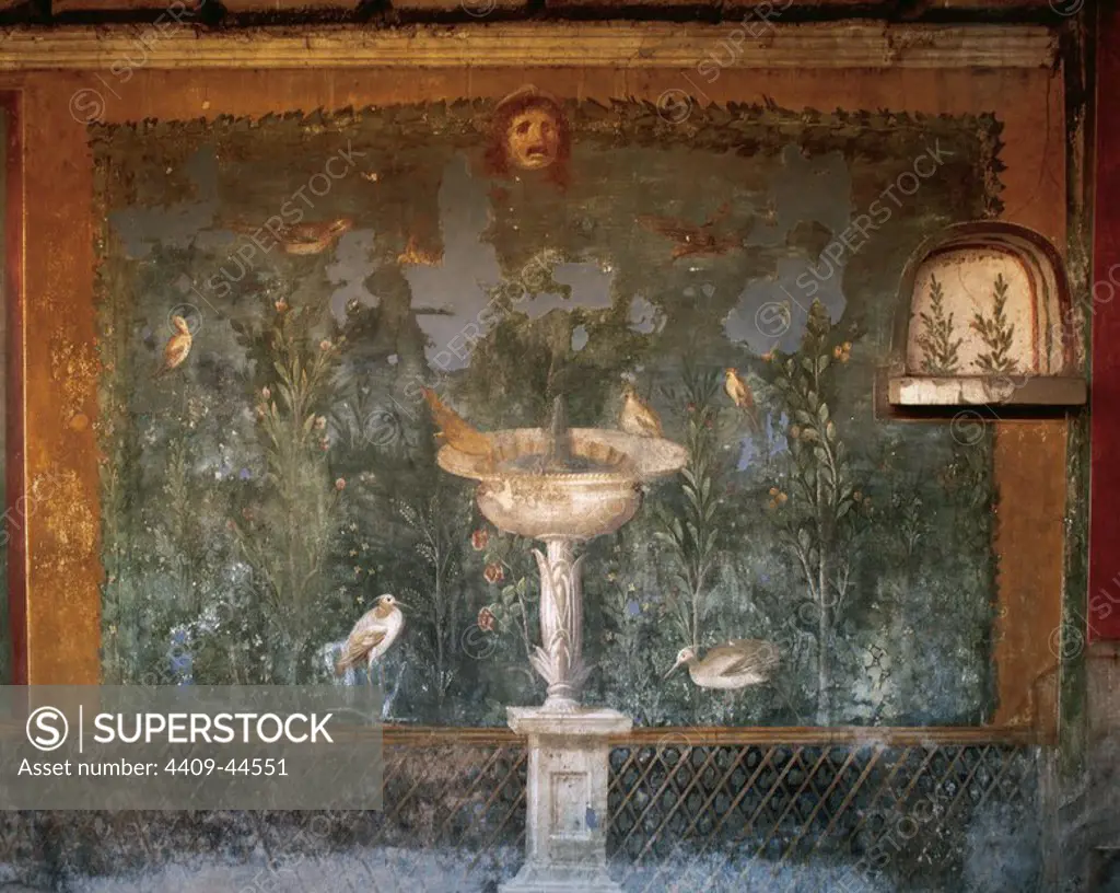 Roman Art. Italy. Pompeii. House of Venus or House of D. Lucretii Satrii Valentes. Fresco. Garden with birds around the fountain and mask. 1st century. Painted wall on south wall of peristyle.