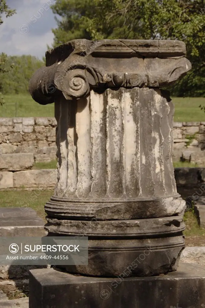 Ionic order. Chapiter with volute. Shaft fluted. Ruins. Olympia, Greece, Peloponnese.