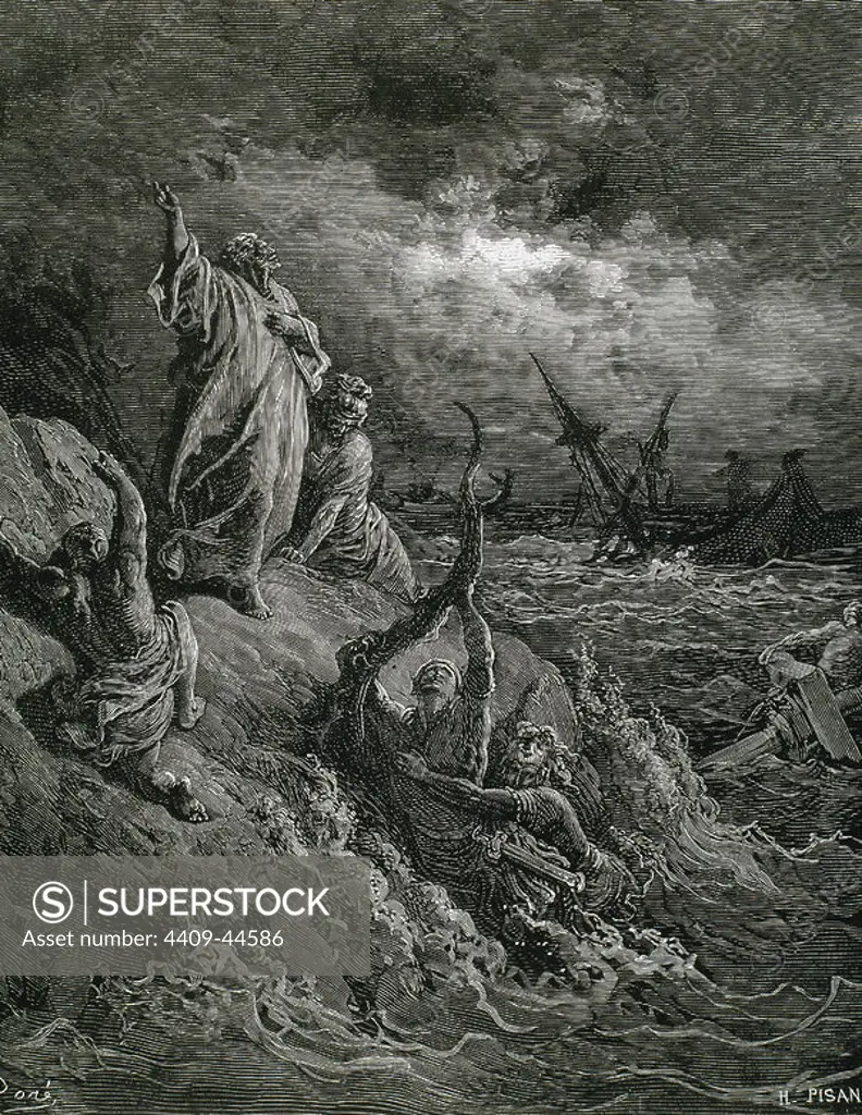Saint Paul the Apostle (c.5-c..67). Apostle to the Gentiles. Shipwreck on the island of Malta. (Acts of the Apostles, Chapter XXVII, verses 39 to 44). G. Dore drawing. Engraved by H. Pisan.