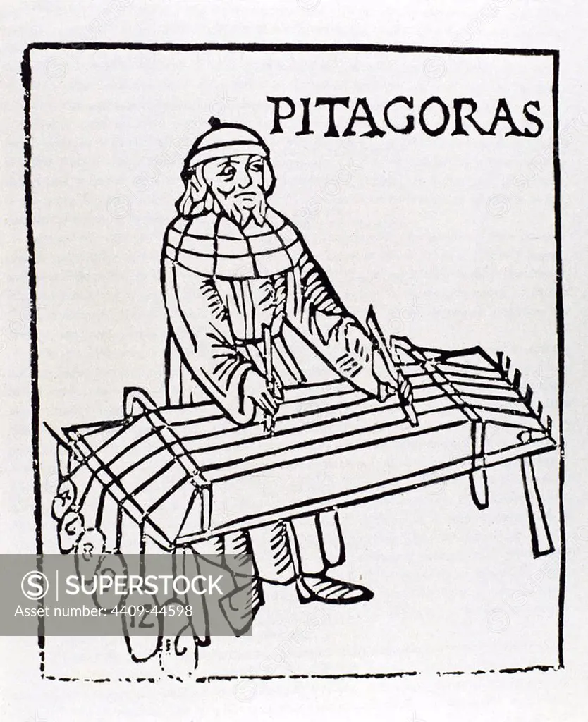 Pythagoras of Samos (570 BC-495 BC). Ionic Greek philosopher and mathematician. Engraving by Theo Gafurius, 1492. Milan, Italy.