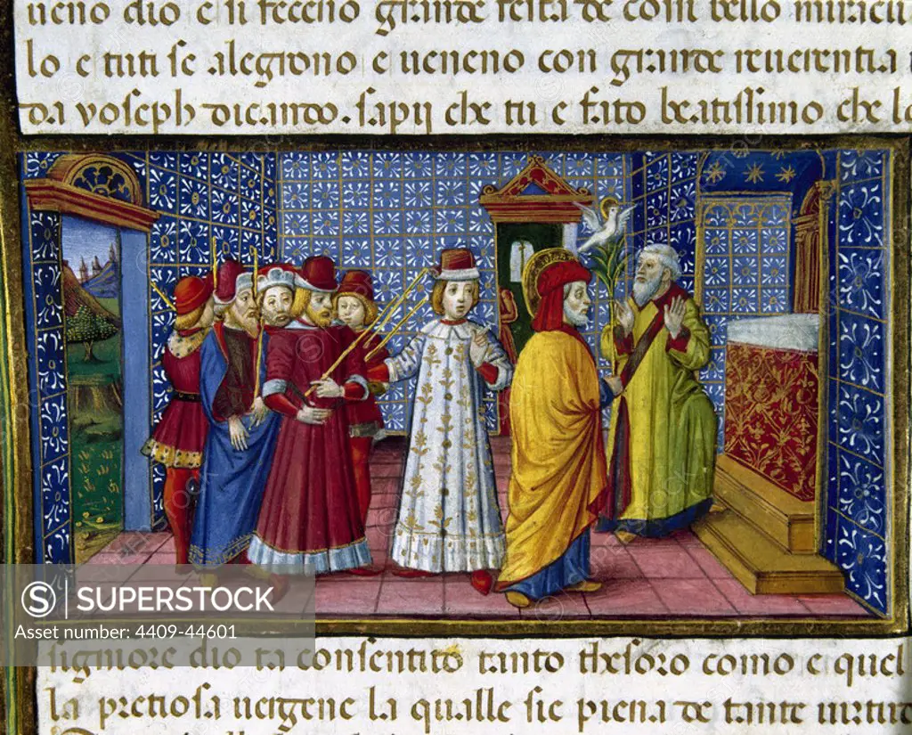 Joseph is elected Mary's husband. Codex of Predis (1476). Royal Library. Turin. Italy.