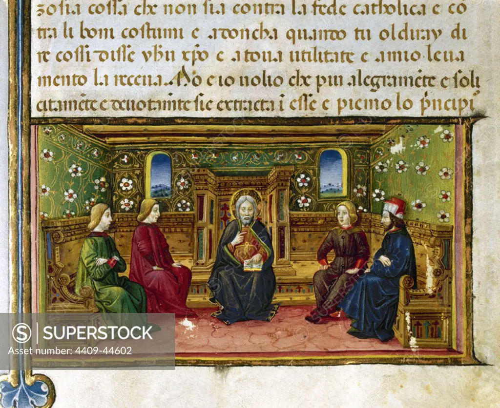Dispute on the Incarnation. Codex of Predis (1476). Royal Library. Turin. Italy.