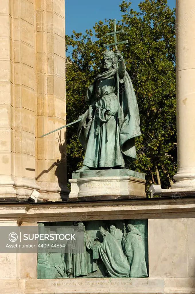 Stephen I of Hungary or Saint Stephen (969-1038). First Christian king of Hungary (1000-1038). Statue located at the Millennium Monument. Budapest. Hungary.
