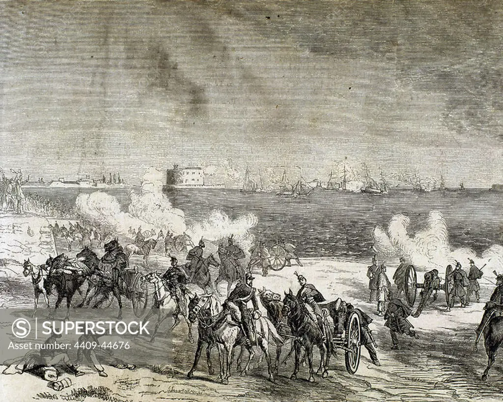 United States. The American Civil War (1861-1865). The batteries in the federal army from the shores of the James River, giving the signal approximation of Merrimac and two Confederate steamers. Engraving.