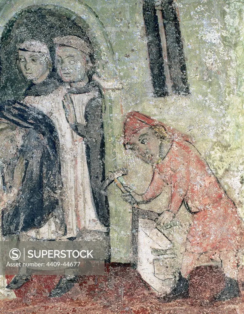 Gothic art. Stonemason with some monks, c. 1360. Wall paintings found in 1954 under the choir of the Church of Santa Maria de Lluc¸a`. Anonymous painting. Details of the scenes illustrating the life of St. Augustine. Lluca. Barcelona province. Catalonia. Spain.