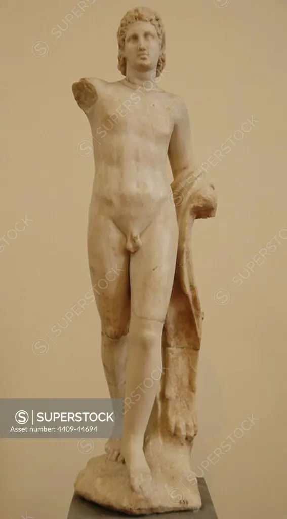 Greek Art. Greece. Statue of a satyr in a movement position. Pentelic marble. In his left arms hangs a panther skin. Possibily was an acroterion at temple of Dionysus. Found in Lamia and dated in the 3rd century BC. National Archaeological Museum. Athens. Greece.