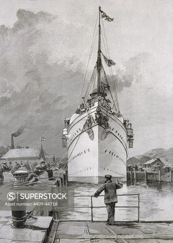 El barco imperial 'Hohenzollern' entrando en un Canal del Mar del Norte. Grabado del año 1891. S. XIX.