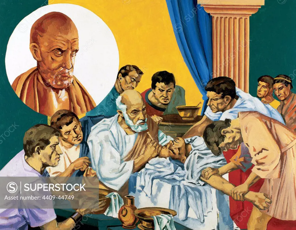 Hippocrates of Cos (ca. 460-370 BC). Ancient Greek physician. He is referred to as the father of Western medicine. Founder of the Hippocratic School of medicine.