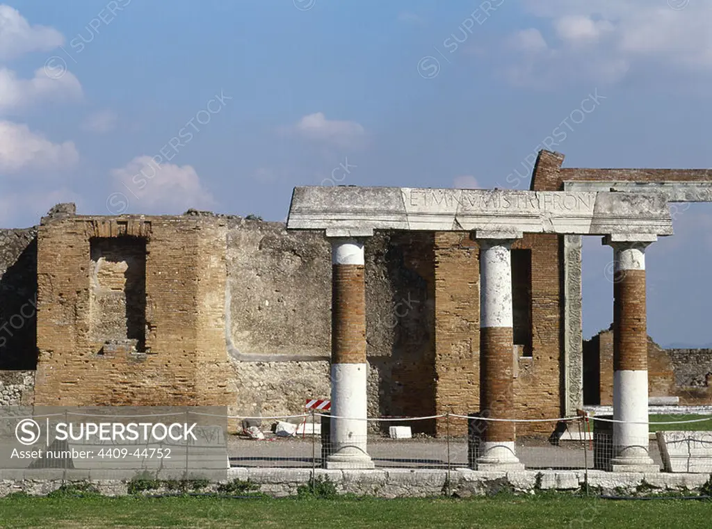 Pompeii. Ancient roman city. The building of Eumachia. Was the seat of the corporation of dyers and launderers, called "fullones". Campania, Italy.