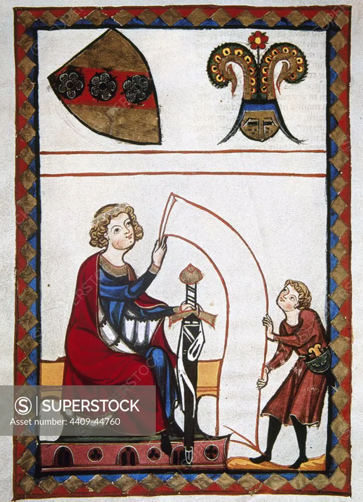 Burggraf von Rietenburg (12th century), Bavarian noble poet, delivering a scroll to a messenger holding a sword in his hands as a symbol of justice. Fol.119v. Codex Manesse (ca.1300) by Rudiger Manesse and his son Johannes. University of Heidelberg. Library. Germany.