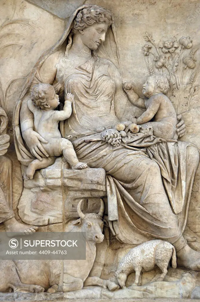 Roman Art. Italy. Ara Pacis Augustae. Tellus panel. Relief depicting Tellus nursing Romulus and Remus. Dated 13 BC. Champ de Mars. Rome.