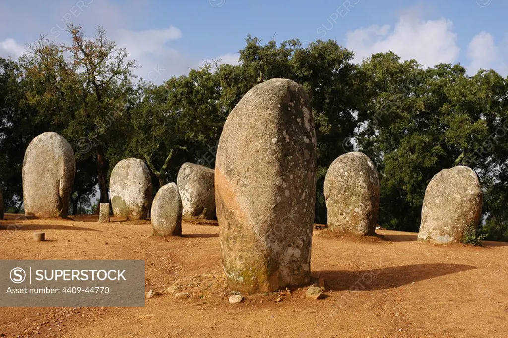 The Cromlech of the Almendres. Megalithic complex: Cromlechs and menhirs stones. 6th millennium BC. Neolithic. Near Evora. Alentejo region. Portugal.