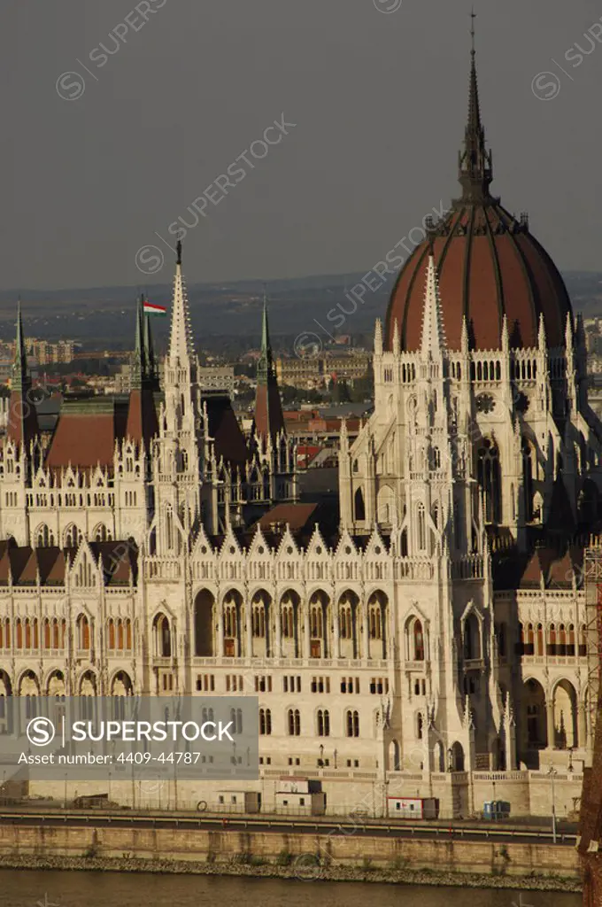 HUNGARY. BUDAPEST. Parliament. Neo-Gothic building (1884-1904) on the Danube riverside built by the architect Imre Steindl.