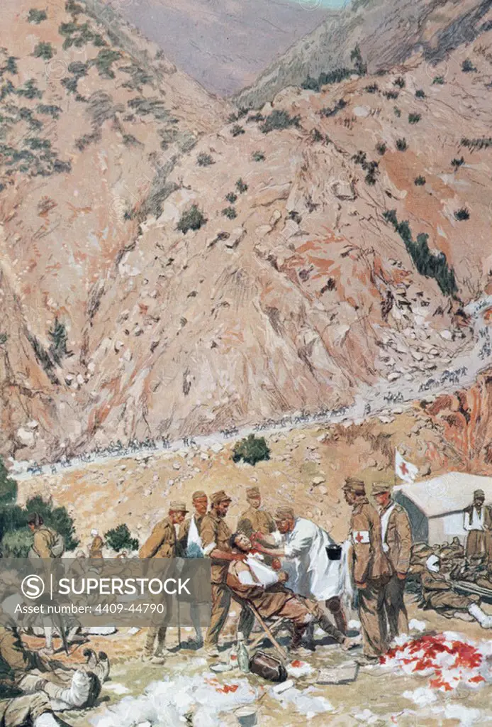 Second Balkan War, 1913. Field hospital of the Greek army at the entrance of the Kresna Gorges. Watercolor by Georges Scott, 1913.