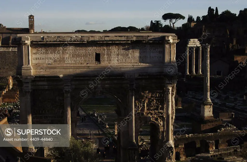 Italy. Rome. Roman Forum. Triumphal arch of Septimius Severus, dedicatied in 203 AD to commemorate the Parthian victories of Septemius Severus. Detail inscription.