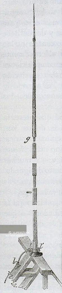 Early lightning rod, made with a single very long iron rod. It was invented in the year 1752 (18th century) by Benjamin Franklin (1706-1790). Engraving, 19th century.