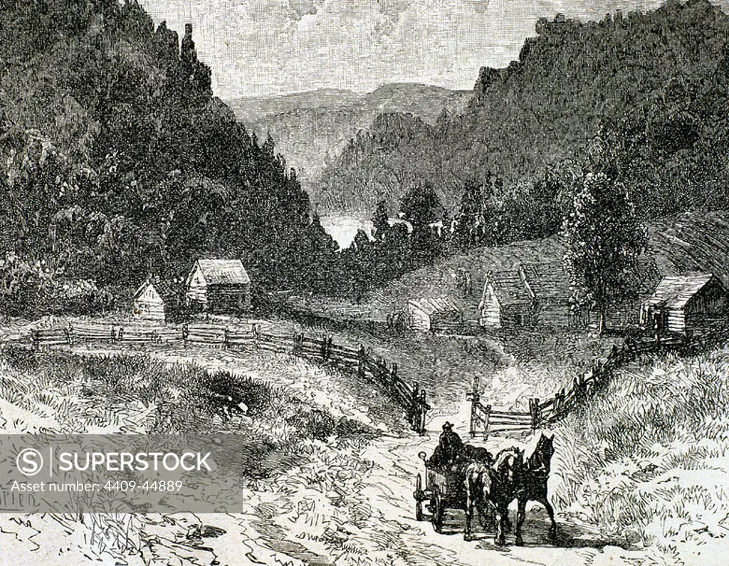 Canadian landscape in the eighteenth century. Nineteenth-century engraving.