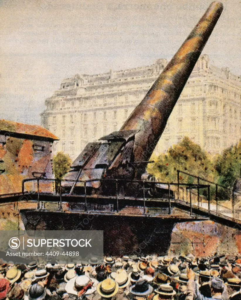 PRIMERA GUERRA MUNDIAL (1914-1918). GRAN BERTHA M42. Pieza de artillería alemana utilizada para bombardear París en 1918. Fabricada por Krupp y diseñada por el ingeniero Rausenberger. La Domenica del Corriere (1918) .