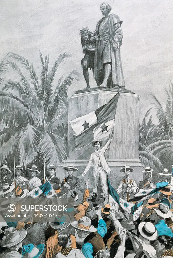History of Panama. Colon. Proclamation of the separation of Panama from Colombia in front of the Columbus monument on 3rd November, 1903. Colored engraving.
