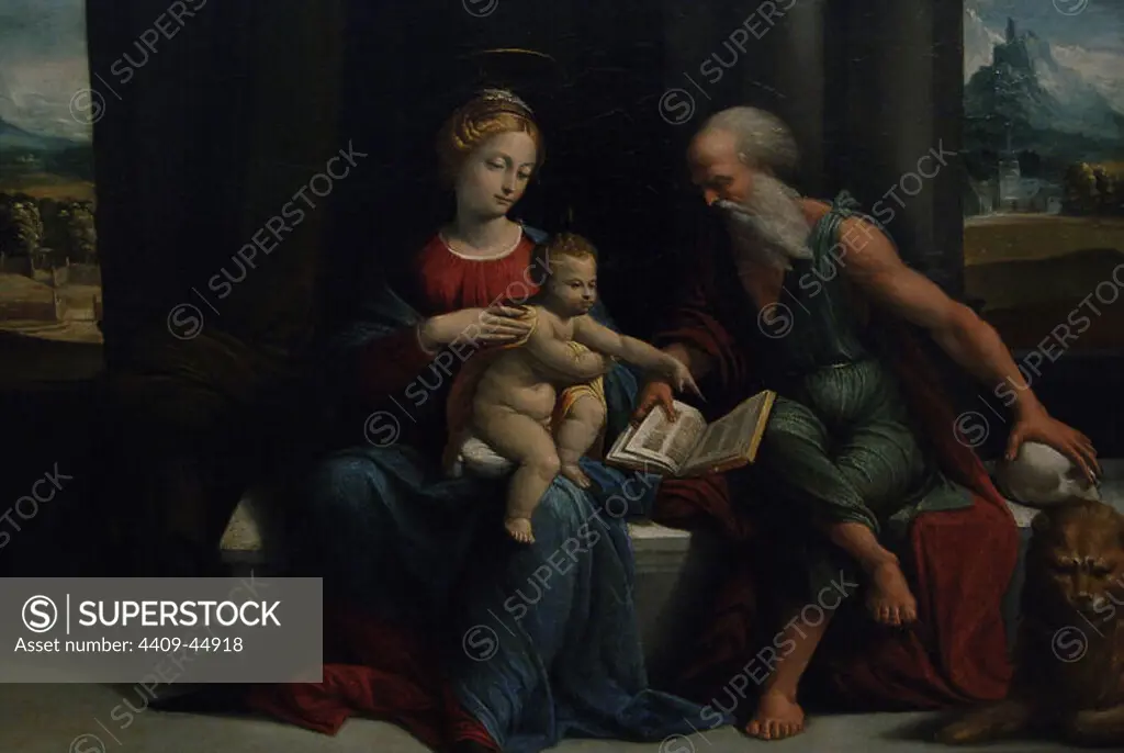 Benevuto Tisi (Il Garofalo) (1481-1559). Italian painter. Madonna and Child with Saint Jerome. Oil on panel, ca. 1530. Dallas Museum of Art. Dallas, State of Texas. United States.