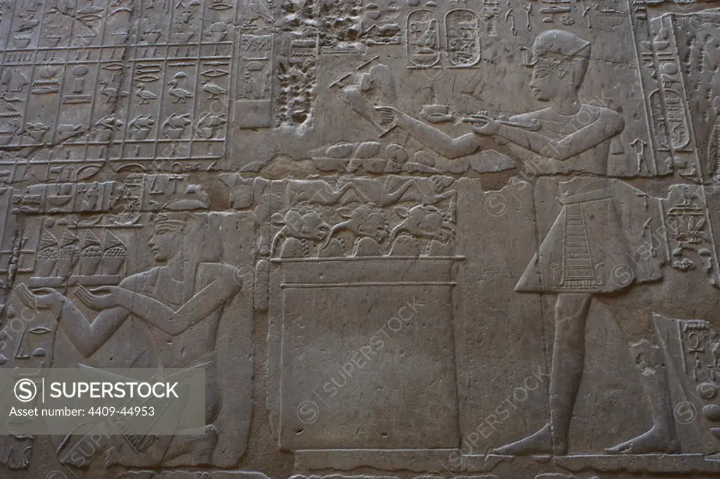 Relief depicting a religious offering. Temple of Luxor. New Kingdom. Egypt.