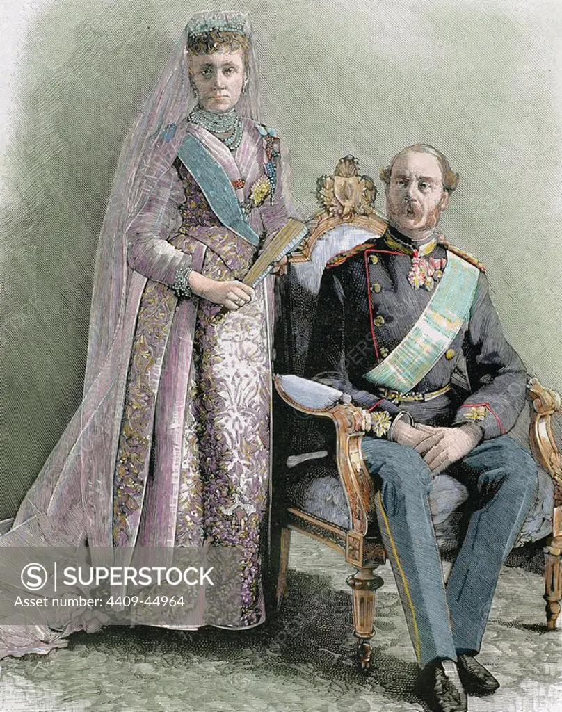 Christian IX (Gottorp, 1818-Copenhagen, 1906). King of Denmark (1863-1906), was the first sovereign of the branch Blu¨cksburg. Christian IX and his wife. Engraving by Rico. Colored.