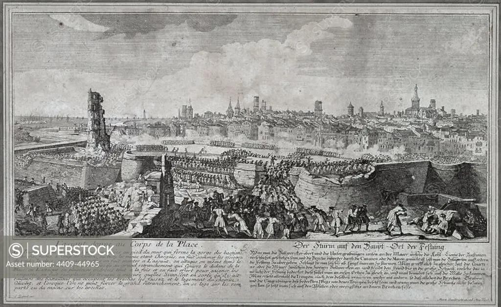 War of Spanish Succession (1702-1715). Entry of the troops of Philip V in Barcelona in 1714, opening gaps in the wall of the city with guns and mines, to render the place. Drawing by P. Rigaud and engraving by M. Engelbrecht, 1722. Historical Museum of Barcelona. Catalonia. Spain.