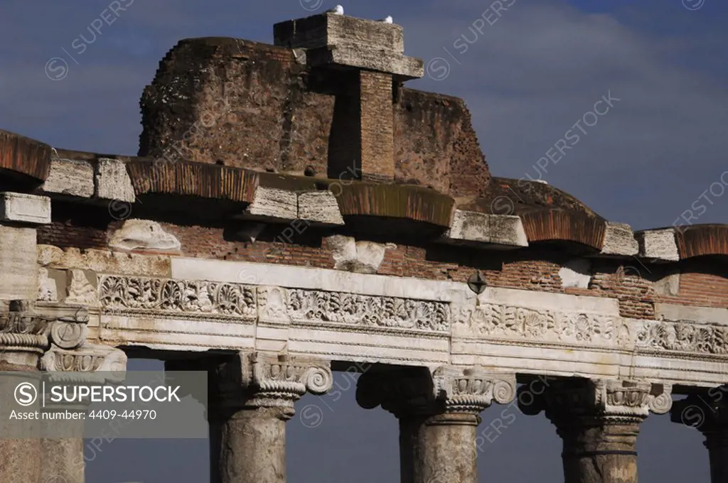 Italy. Rome. Roman Forum. Temple of Saturn. Built in 497 BC. Front porch. Detail.
