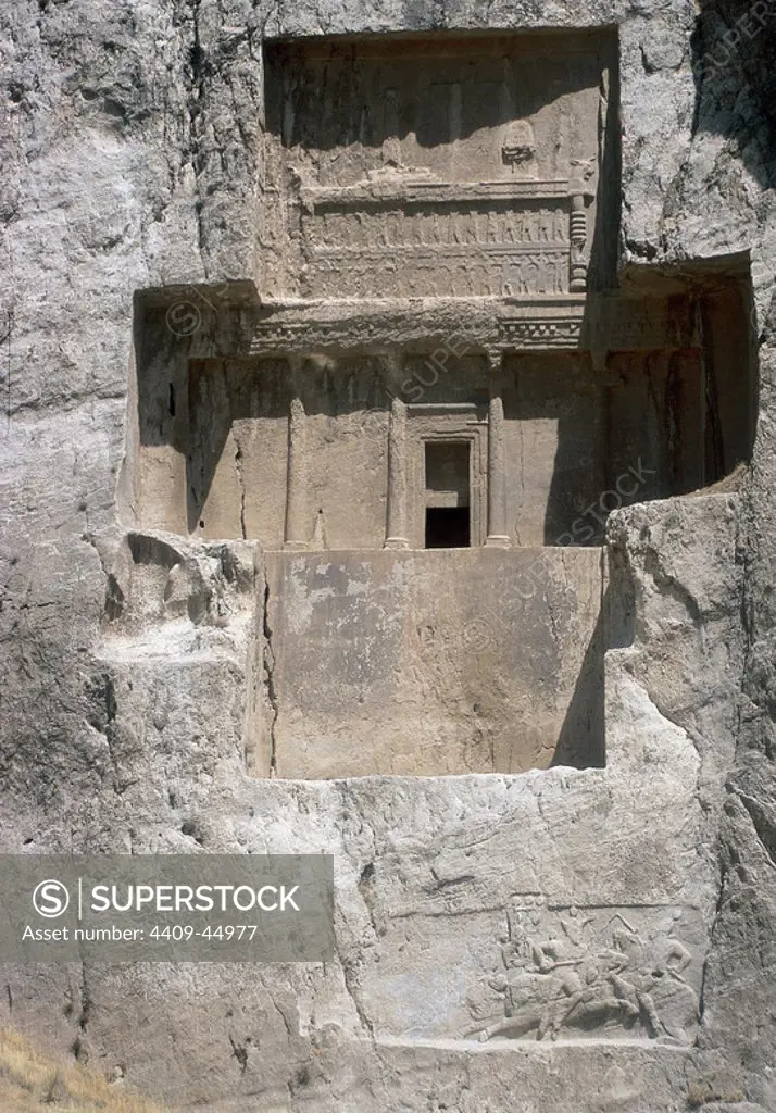 Iran. Naqsh-e Rustam. Necropolis. Achaemenid tombs. Xerxes I (486-464 BC). Facade Tomb.Near Persepolis.