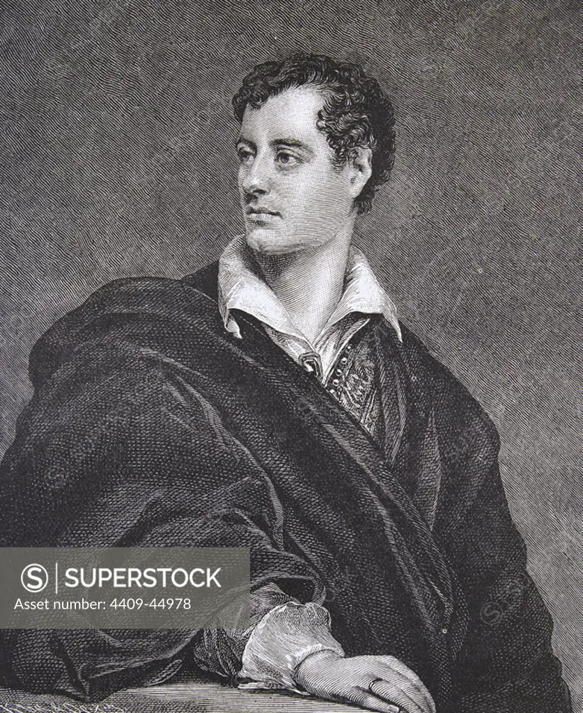 BYRON, Lord George Gordon (Londres,1788-Missolonghi,1824). Poeta británico. De origen aristocrático. Su obra maestra "Don Juan" (1819-1824) es considerada una de las más representativas del romanticismo europeo. Grabado de Robert GRAVE de un original de Tomás Phillips.