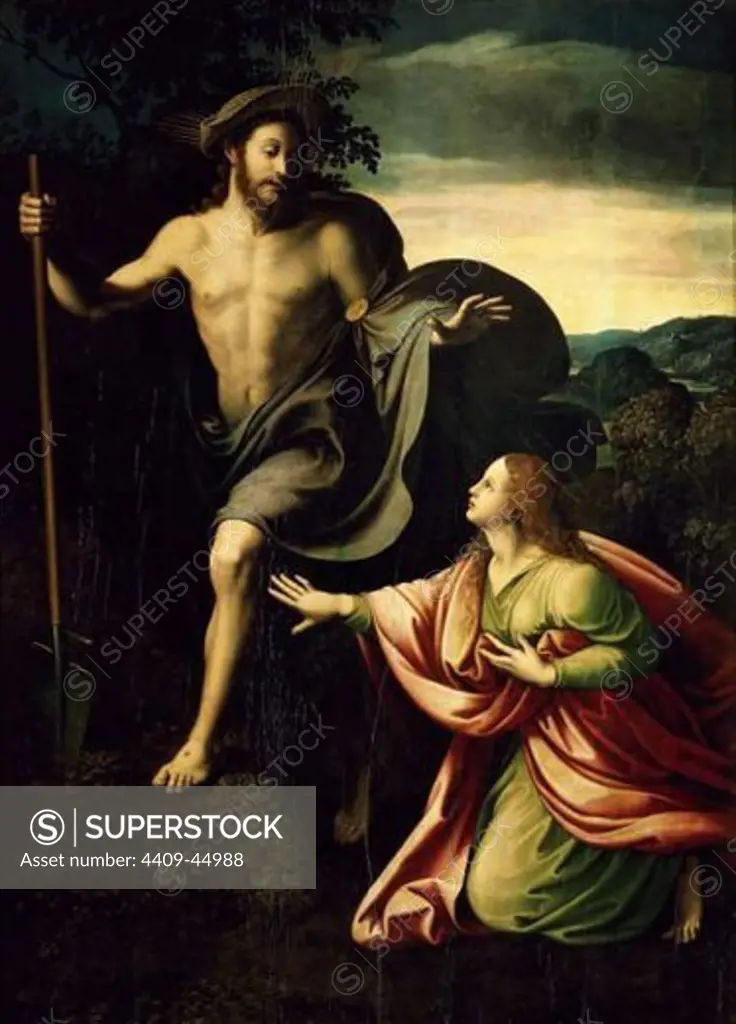 Giulio Romano (1499-1546). Italian painter, pupil of Raphael. Noli me tangere. Christ appears to Saint Mary Magdalen after the resurrectIon. Wood. Mannerism. Prado Museum. Spain.