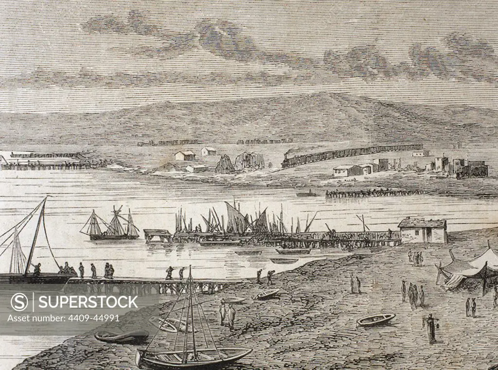 History of Bulgaria. 19th century. Varna. Main port and stronghold of the Turks in the western Black Sea coast during the Russian-Turkish War (1877-1878). Engraving of "The Spanish and American Illustration," 1877.