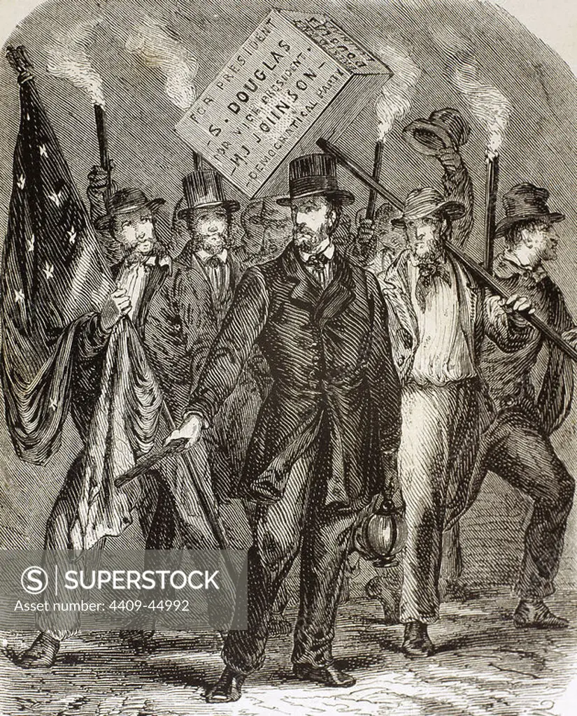 United States. Supporters of Stephen Douglas, candidate of the Democratic Party. Engraving from "L'Illustration Journal Universel, 1860.