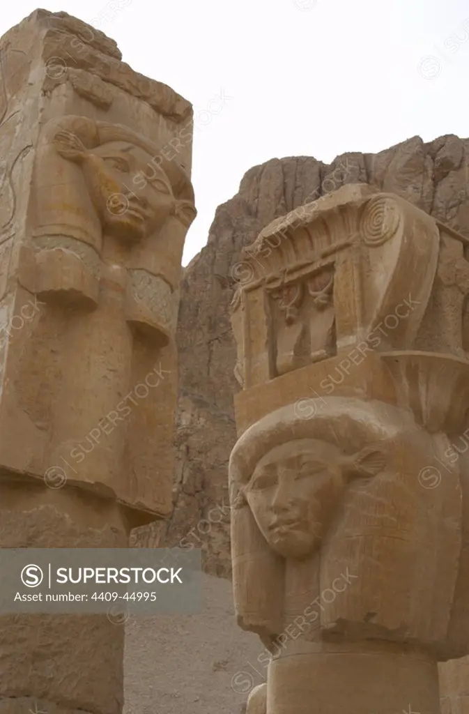 Hathor column pillar belonging to the Chapel of Hathor. Temple of Hatshepsut. Temple of Deir el-Bahari. Eighteenth Dynasty. New Kingdom.
