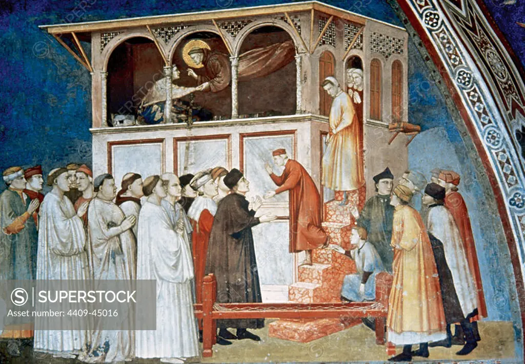 Gothic Art. Italy. Giotto di Bondone (1266/7-1337). Italian painter and architect. Saint Francis resurrects a child (1296). Fresco of the Upper Church of St. Francis. Assisi. Italy.