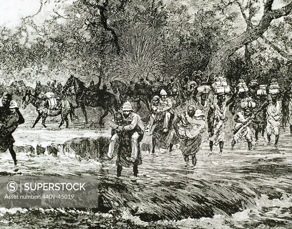 Explorers crossing a stream in the mountains Nie´nie´ya. Sudan. Engraving of 1892.